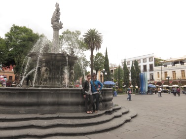 Every colonial city has a "zócalo," basically a town square. All kinds of people gather here. You can seen young lovers, families, protests and demonstrations, or sit at a cafe and drink coffee. Here are Lora and I at the fountain.